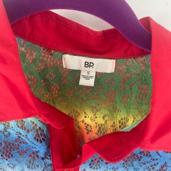 BP Be Proud Women's Button Down Shirt Lace Top Floral Ombre Rainbow Small - Picture 2 of 8